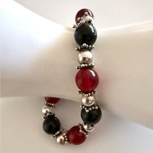 BOHO Bracelet Sterling Silver Black Red Stones With Sterling Beads